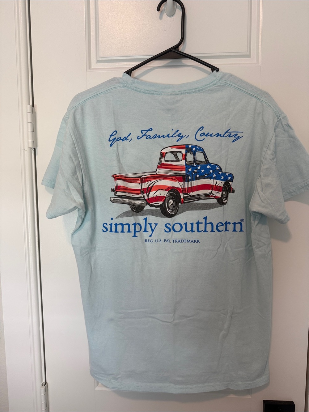 Simply Southern Light Blue Tee with Red, White & Blue Flag Truck Graphic